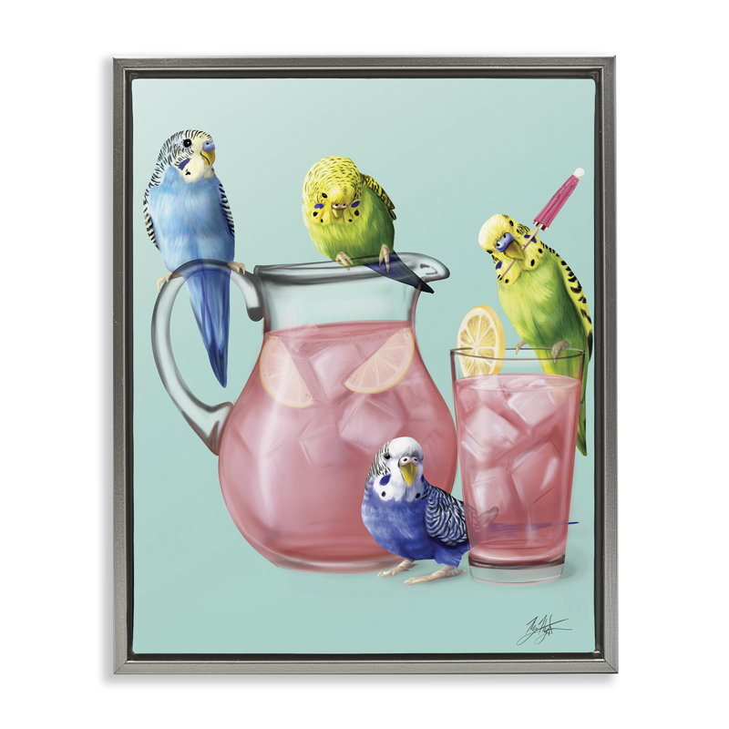 "Budgies & Pink Lemonade", art mural par Mehu Art, Cadre flottant gris lustré, H 21 po x l 17 po