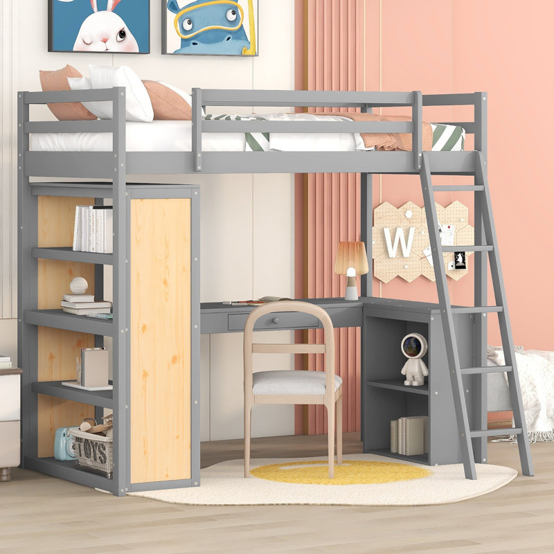 Lit mezzanine avec bureau en L et bibliothèque de rangement, Gris, Plein