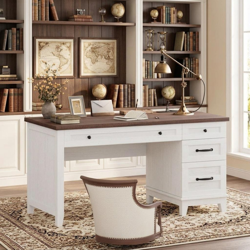 Executive Desk with Drawers, Farmhouse Home Office Desk with Charging Station, 53.54" Wooden Computer Desk with File Cabinet Storage for Work Study Writing