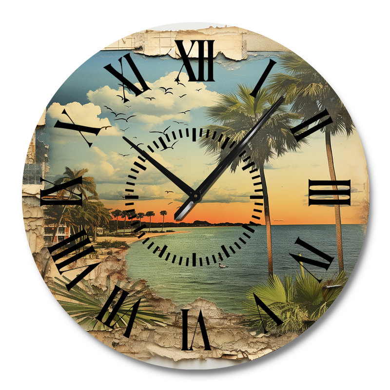 Collage de palmiers et plage rétro - horloge murale en Floride, Grand