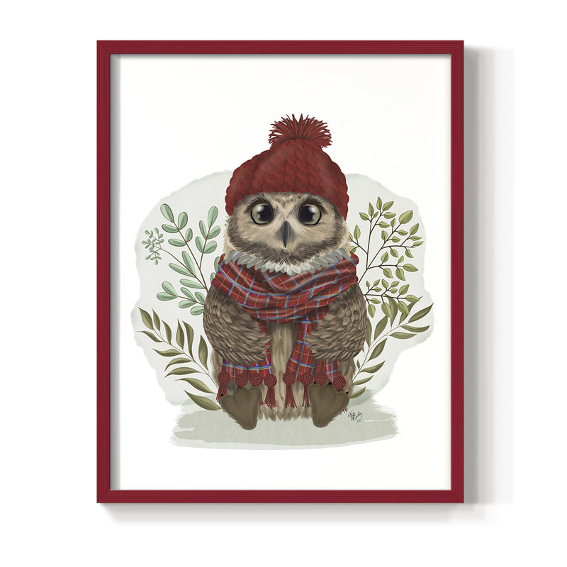 «Owl in Tartan Scarf», reproduction encadrée - bois massif, Rouge, H 10 po x l 8 po