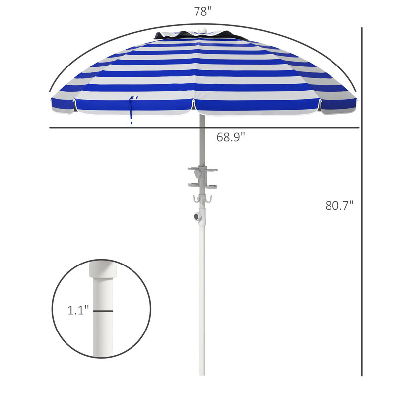 Beach Umbrella With Tilt Function And Adjustable Height, 40+ Protected Roof, 2 Cup Holders & Hooks, Blue White Stripe Portable , Operated System, Awning, Vented Hooked