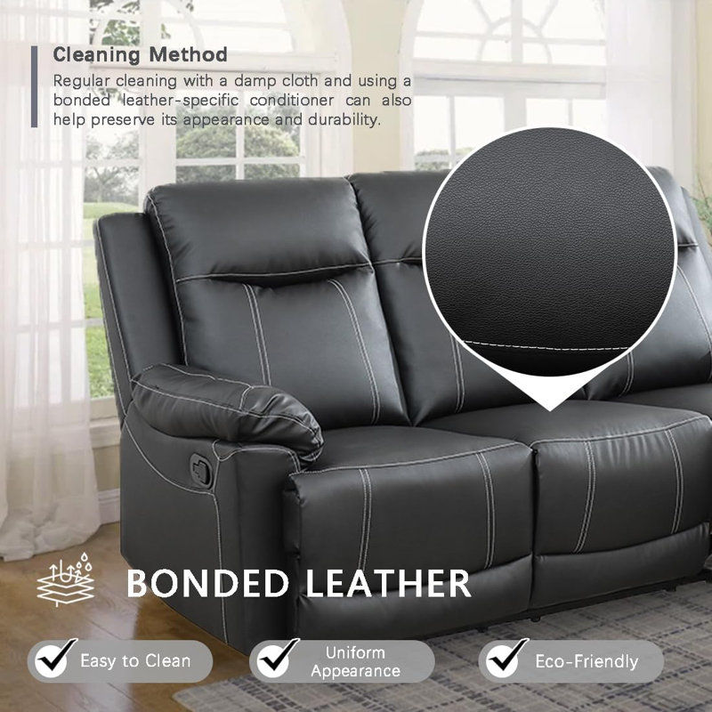 3-Piece Manual Reclining Living Room Sofa Set, Black