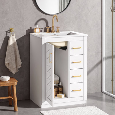 Meuble-lavabo bleu avec lavabo en céramique, 3 tiroirs et armoire - Rangement moderne peu encombrant
