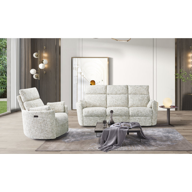 2-piece Upholstered Power Reclining Sofa + Power Swivel Recliner Set, White