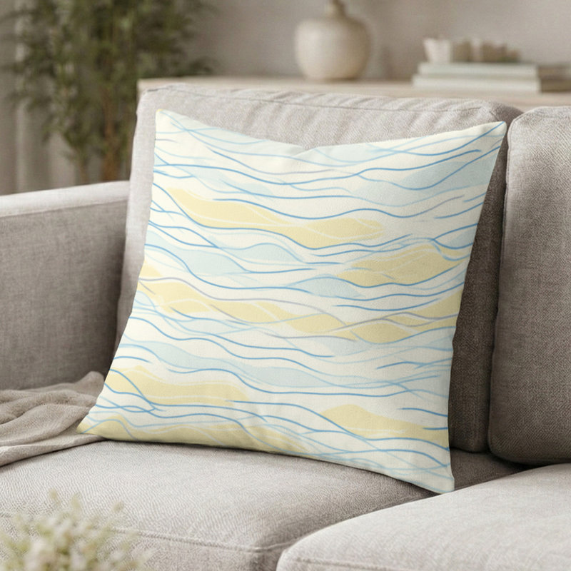 Coussin décoratif abstrait - Vague côtière de plage avec coussin imprimé jaune et bleu, H 16 po x l 16 po