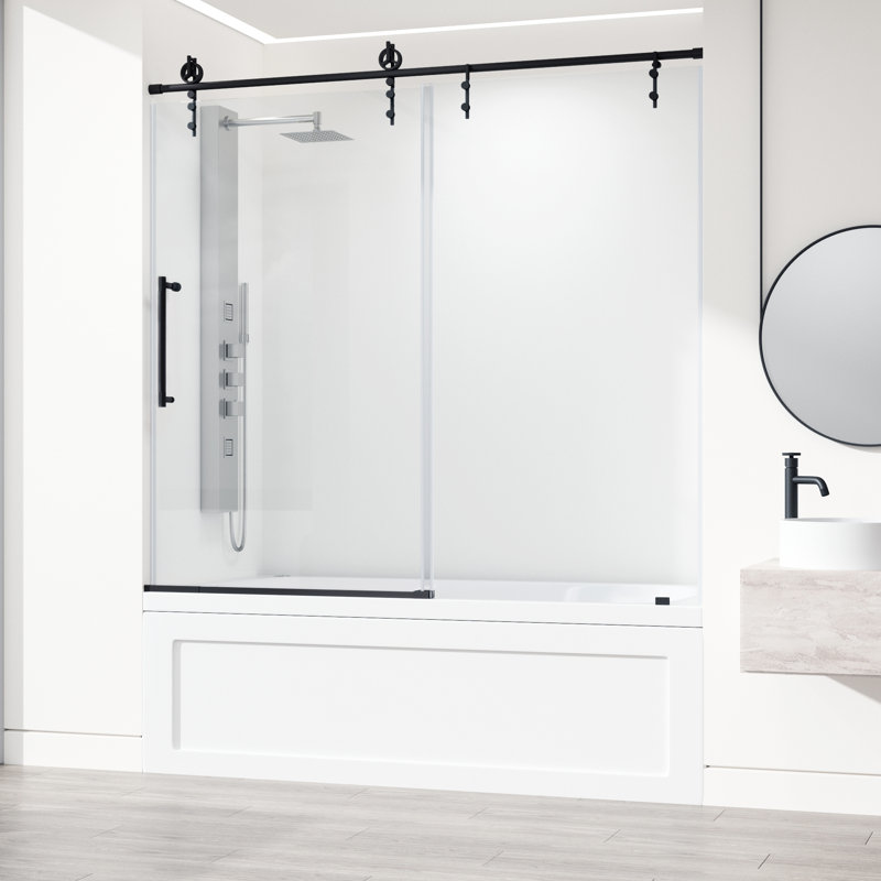 Hamilton 56-60" W x 68" H Sliding Frameless Tub Door with 3/8" Clear Glass, Matte Black