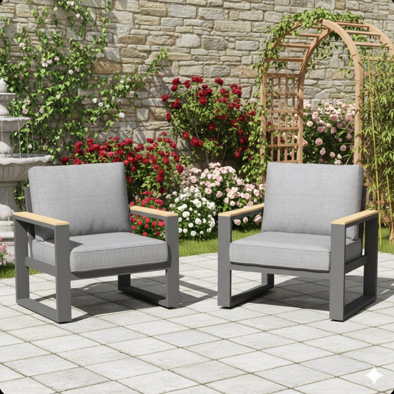 Set Of 2 26.6" All-Weather Aluminum Patio Armchairs With Thick Cushions, Gray
