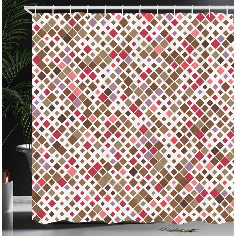 Berlanga Geometric Shower Curtain with Hooks Included, 69"H x 70"W, White Ruby