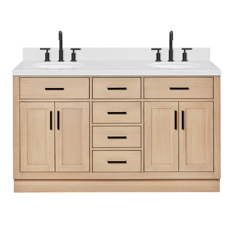 Meuble-lavabo double en bois massif Thornaby avec plateau en quartz Carrara de 1,5 po, Chêne naturel / noir mat, Ovale