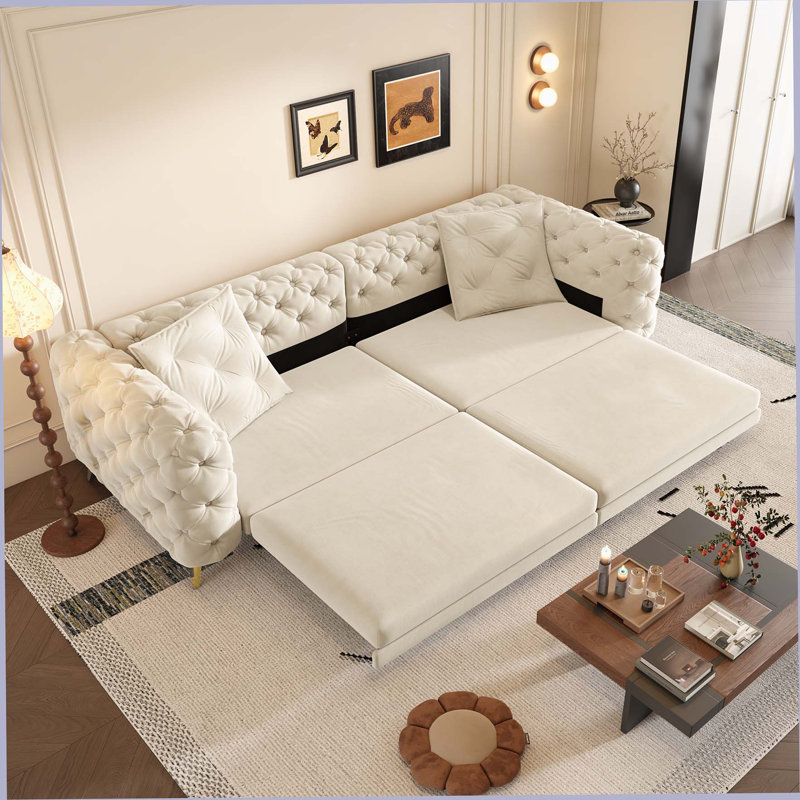 97.7" 3-In-1 Convertible Sleeper Sofa,28.4" Deep Seat Pull Out Sofa Bed,Button Tufted Modern Sofa,4-Seater Couch With Movable Ottoman For Apartment,Office,Bedroom