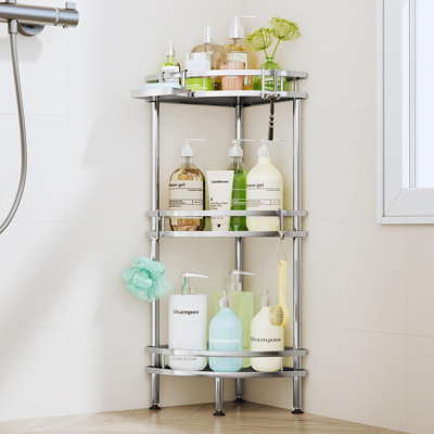Étagère de douche d'angle sur pied - Organisateur de douche d'angle à 3 niveaux avec porte-savon et 4 crochets, étagères de rangement de salle de bain antirouille avec adhésifs, doré