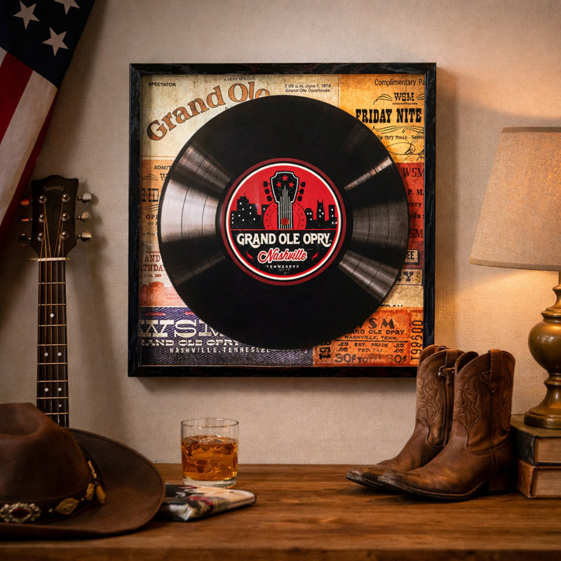 Grand Ole Opry Nashville Tickets Vinyl Record in Shadowbox Frame Wall Decor - 14" x 14"