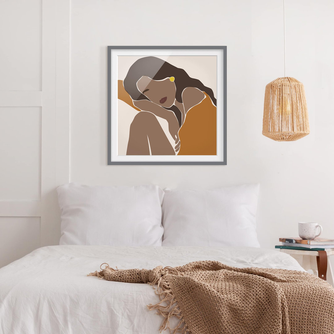 Gerahmtes Poster Line Art Woman Brown Beige