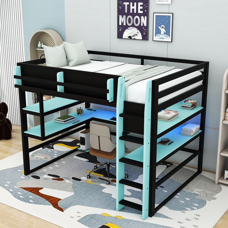 Wood Loft Bed with Desk, LED Light, Charging Ports and Shelves, Full, Cloud Blue