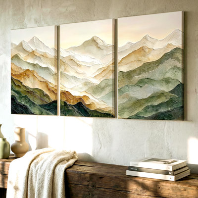 3 pièces d'art mural de paysage de montagne avec des tons de terre et des couches texturées, trois pièces d'art mural pour le salon, la chambre à coucher et le bureau