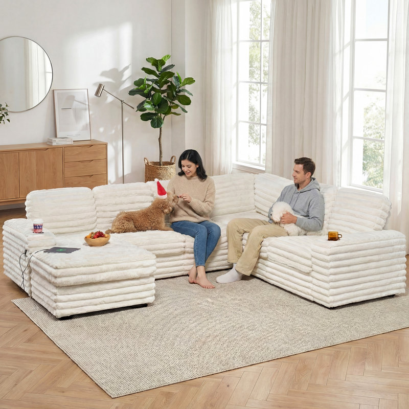 110" Modern Sectional Sofa With Usb Charging Ports, Cup Holders & Storage Chaise,White Faux Rabbit Fur, White Faux Fur