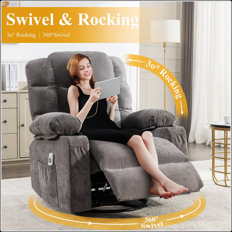 Fauteuil inclinable pivotant surdimensionné à massage avec chauffage lombaire et port de charge USB pour le confort du salon