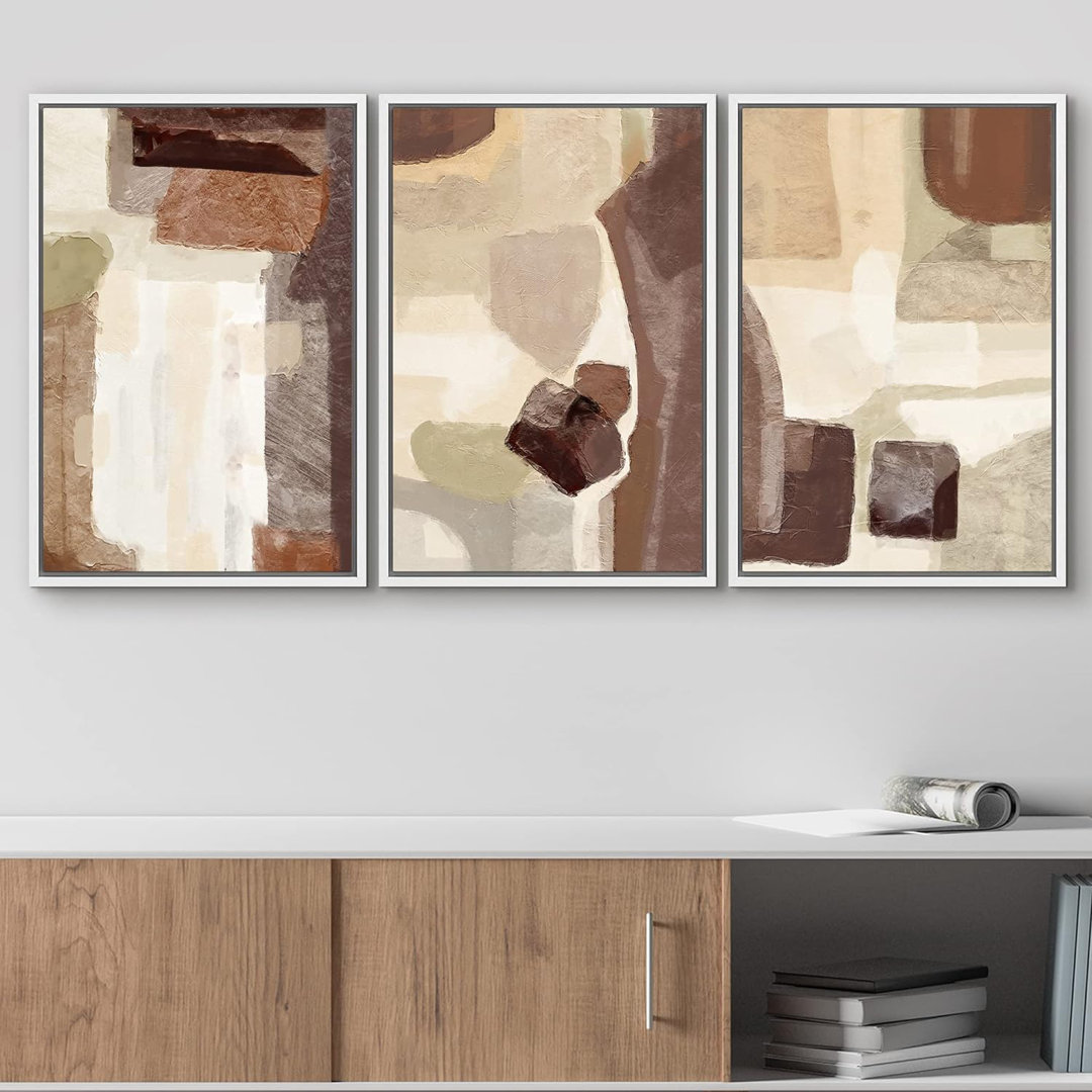 Grunge Abstract Paint Stroke Effect " Brown, Tan And Yellow Polygon Collage Abstract Patterns Modern Art Boho " 3 - Pieces IDEA4WALL 