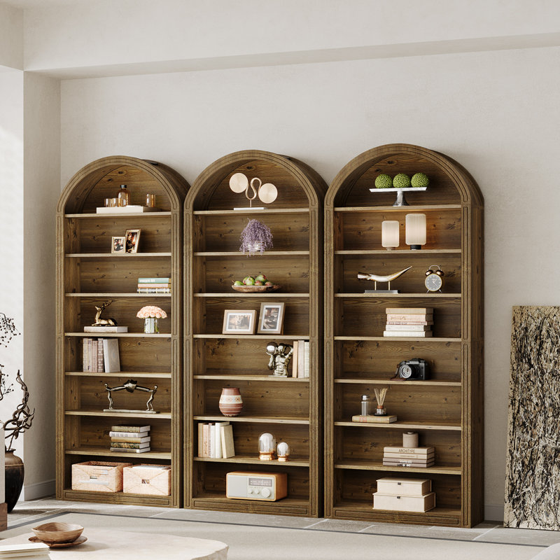Tall Arched Bookcase, Brown, 6 Shelves  (77.16" H x 31.5" W x 11.81" D)