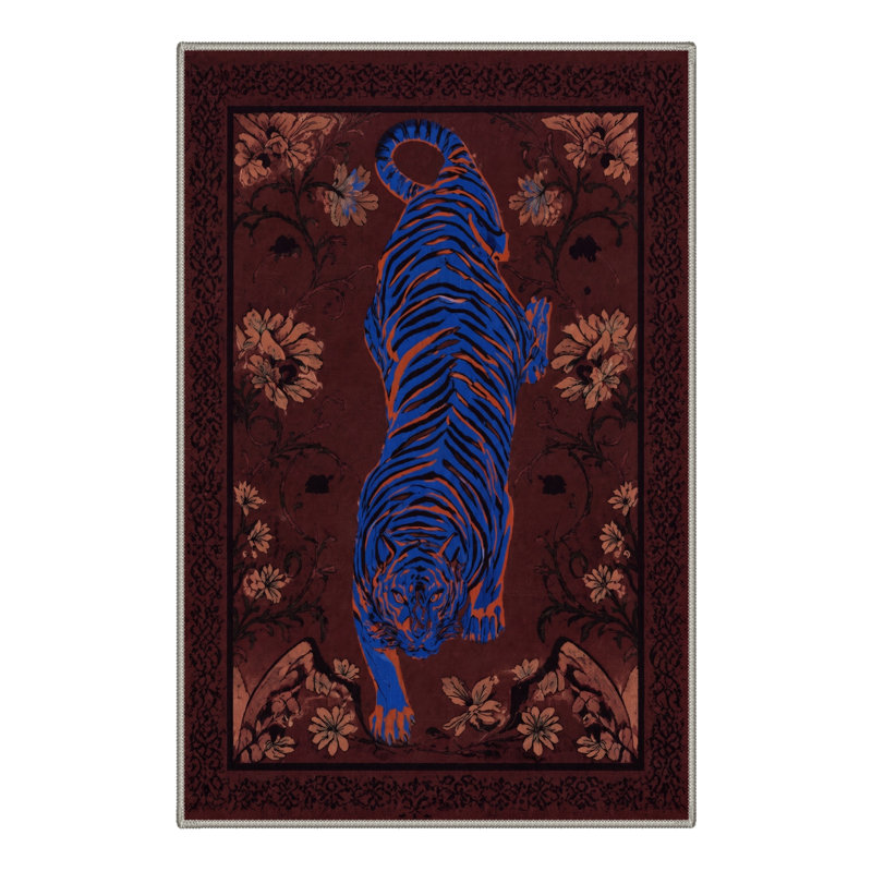 Tapis de porte antidérapant à poils courts, lavable, brun et bleu, imprimé animal., Rectangle 2' x 3'
