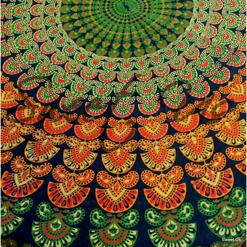 Lawhon Cotton Sanganer Peacock Mandala Tablecloth, Green Orange