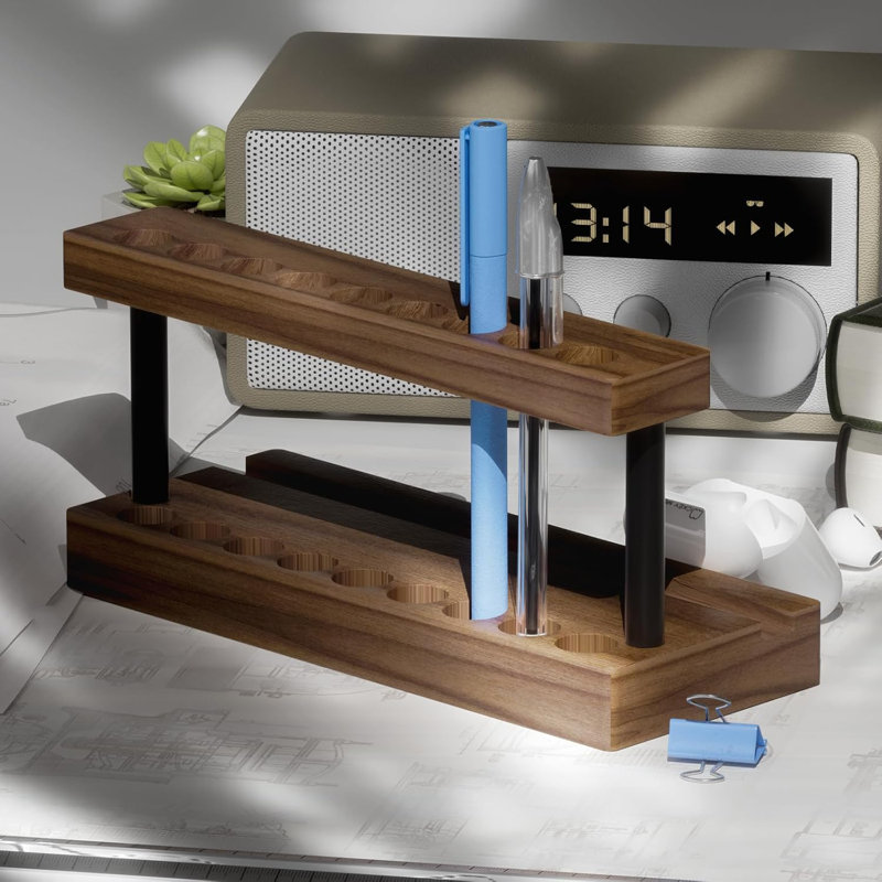 Solid Walnut Pen Display Stand With 9 Slots And Cell Phone Holder