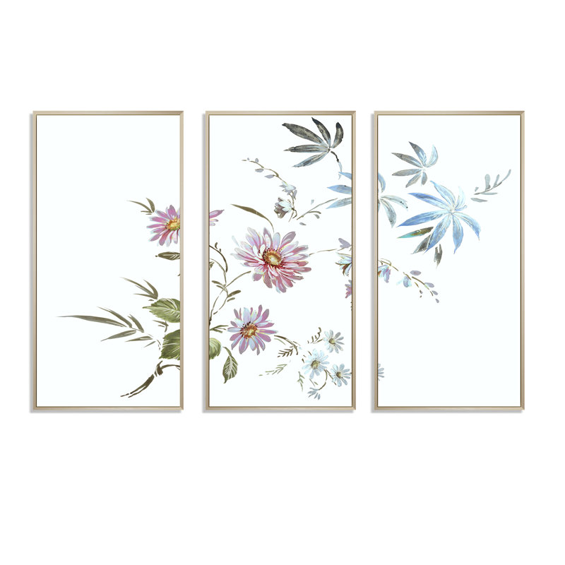 «Blue and Pink Wildflowers I», ensemble d'art mural sur toile encadré traditionnel de 3, H 20 po x l 36 po x P 1 po, Brun