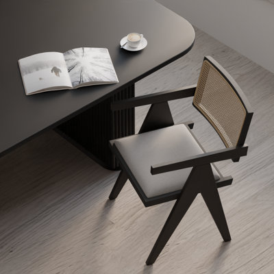 Solid  Wood Cane-Back Armchair – choose Natural or Black frame, Upholstered Seat, Easy 5-min Assembly – Verve Dining Chair