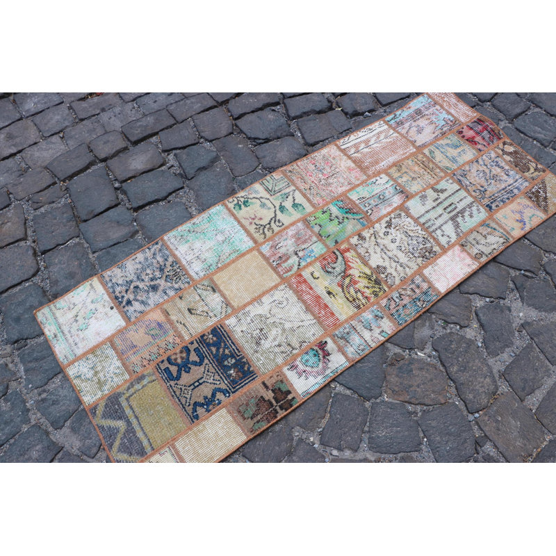 Vintage Rainbow Rug: Small Turkish Patchwork Rug Ideal for Bathroom and Boho Chic Decor
