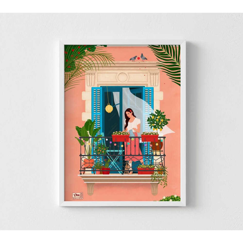 Balcon en fleur - impression d'art mural méditerranéen, H 7 po x l 5 po, Impression encadrée sans passe-partout, Blanc