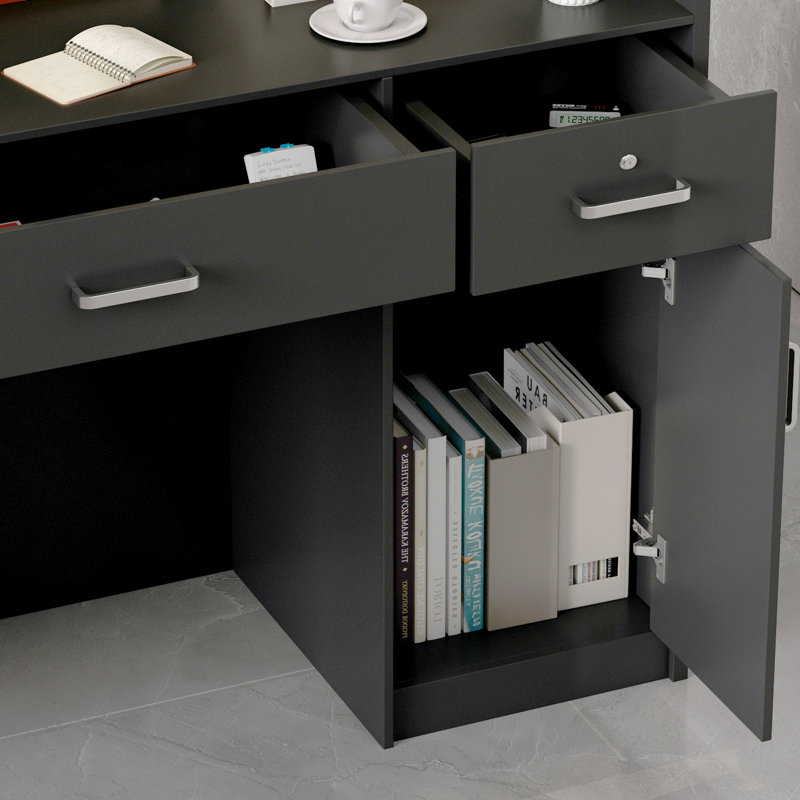 Bureau de réception rectangulaire en bois l 47,2 po avec tiroirs et armoire, Noir pur