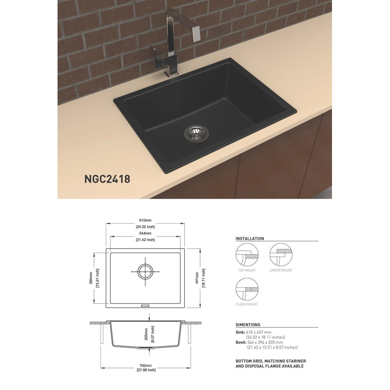 24" Truffle Granite Composite Sink Drop-In/Undermount Single Bowl Kitchen Sink, Matt Truffle