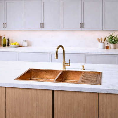 Ambiente 42" Double Bowl Copper Kitchen Sink – Farmhouse Kitchen Sink, Drop-In or Undermount Sink, Hammered Copper Kitchen Sinks, 60/40 Sinks with Drainboard