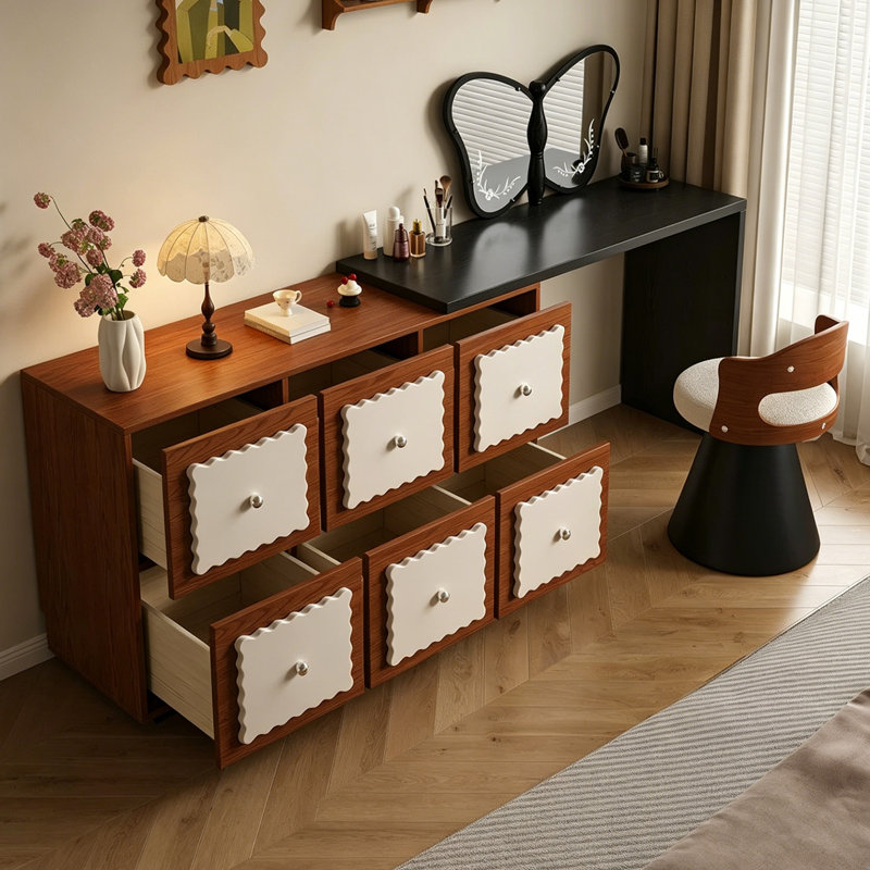 Coiffeuse extensible en L pivotante de style milieu du siècle, 120 cm (47,24 po) – Structure en frêne, tiroirs en pin, panneaux arrière et inférieur multicouches en bois massif, commode à six tiroirs à bords ondulés, coiffeuse multifonctionnelle rétro pour chambre à coucher
