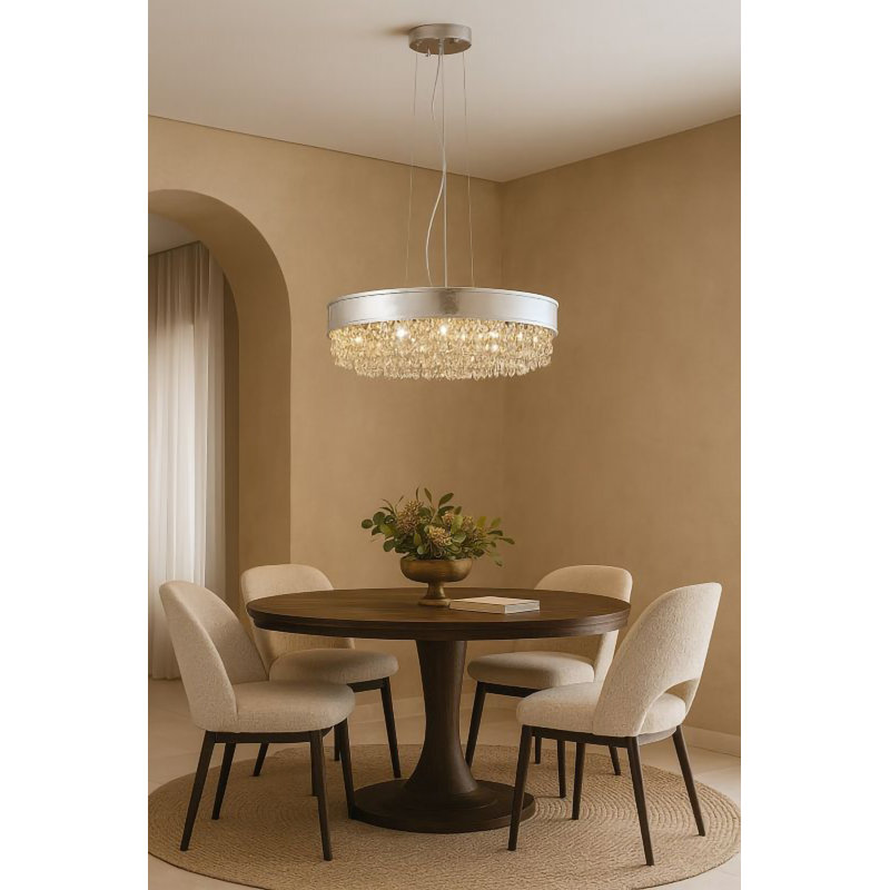 Lustre 16 lumières DEL argentées avec cristaux transparents et fumée, Argent