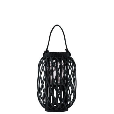 Lanterne ronde en bambou de 15,75 po avec rebord et poignée en corde tressée, structure en treillis et porte-bougie fini ouragan noir