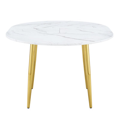 Table de salle à manger ronde extensible à motif de marbre blanc avec pieds en métal doré