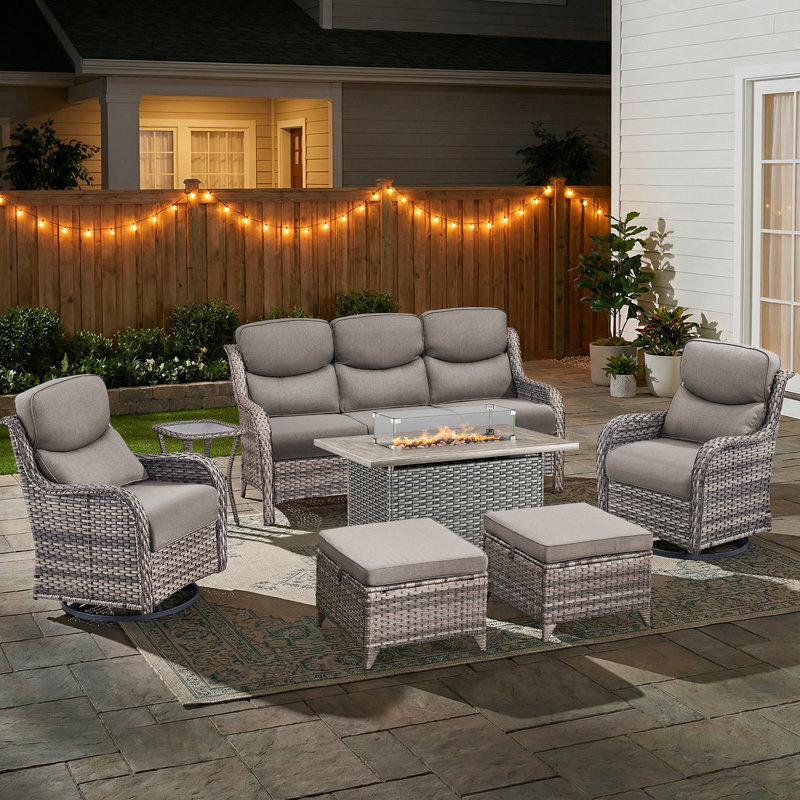 Anner 7-Piece Outdoor Wicker Patio Conversation Set With Rectangle Fire Pit Table, Swivel Gliders And Ottomans, Gray, Gray