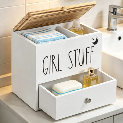 Porte-tampons pour décoration et rangement de salle de bain, organisateur de produits féminins en bois avec couvercle et tiroir, boîte à tampons et organisateur de tampons pour comptoir ou tablette de salle de bain, support pour boule de coton et coton-tige, blanc