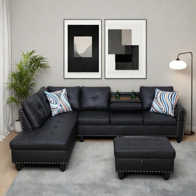 Ensemble de meubles de salon moderne avec porte-gobelet, canapé modulaire modulaire avec méridienne, canapé en L à 4 places avec repose-pieds de rangement, pour le salon, similicuir, noir