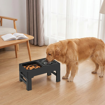 2-in-1 Elevated Slow Feeder & No-Spill Water Bowl Set, 4-Height Adjustable Stand, for Small/Medium/Large Dogs & Cats