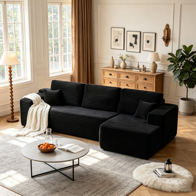 Boneless Corduroy L-Shape Modular Sectional Couch with Chaise - Soft Upholstered, Roomy Deep Seat, No Assembly Required, Timeless Stylish Furniture for Living Room Bedroom Apartment Home Office