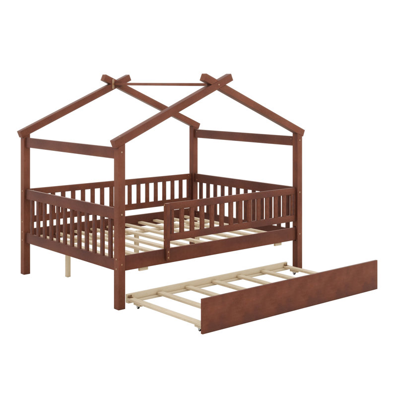 Wooden House Bed with Trundle, Walnut, Full