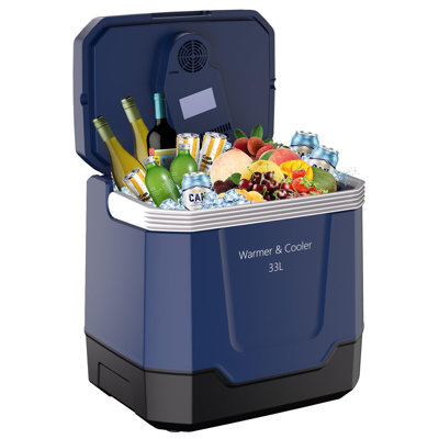 Glacière et chauffe-plats électriques 35 QT (33 L) – Réfrigérateur portatif pour voiture avec poignée de verrouillage automatique, 12 V, compatible avec les véhicules et camions, cordon d'alimentation secteur 110 V, bleu