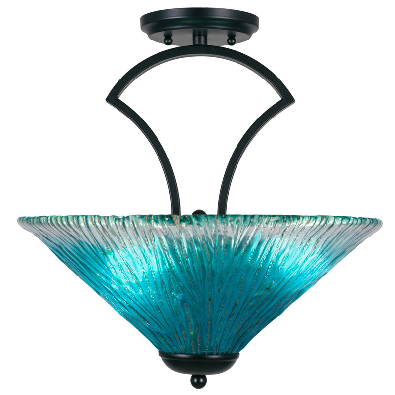 Ampoule semi-encastrée 3 lumières Zilo avec verre cristal 16 po, Sarcelle, Noir mat