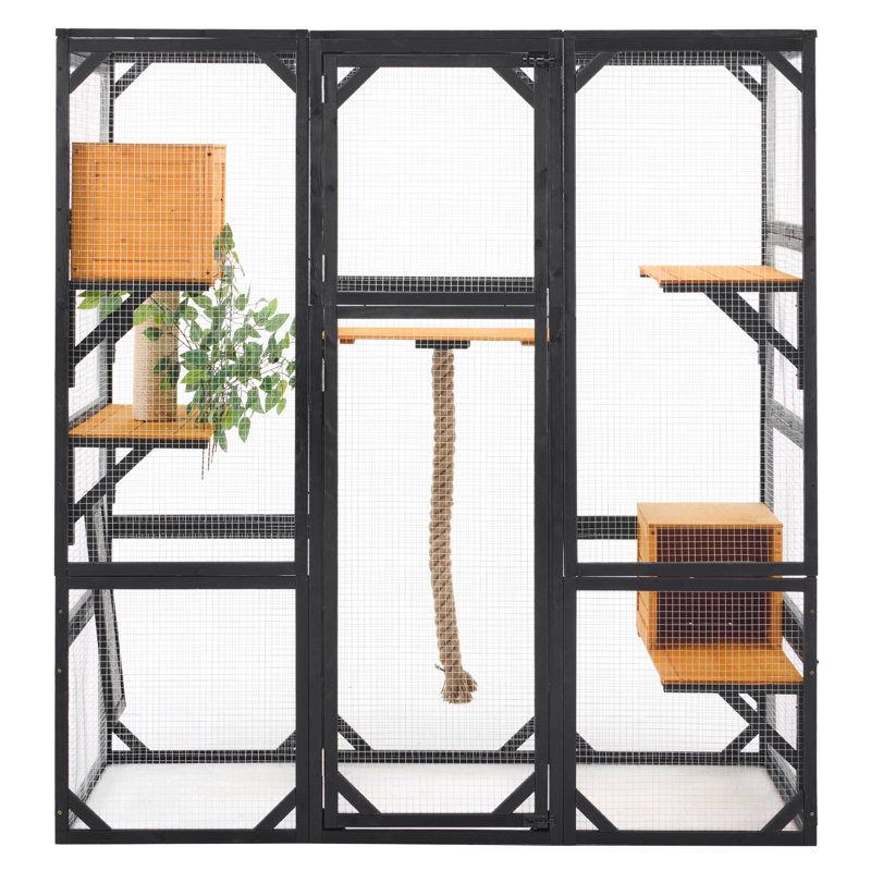 Grand enclos extérieur pour chat avec portes doubles, parc à chat à plusieurs niveaux et maison avec 2 condos, poteau à griffes et plateformes d'escalade pour la cour ou le balcon