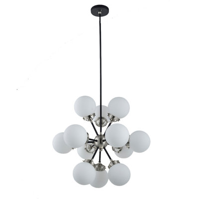 Lustre sphère 12 lumières noir et argent Dmitrie - Luminaire suspendu moderne en verre blanc