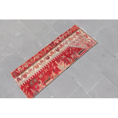 Antique Turkish Herki Rug in Beige - Small Woven Vintage Oushak Mat for Doors