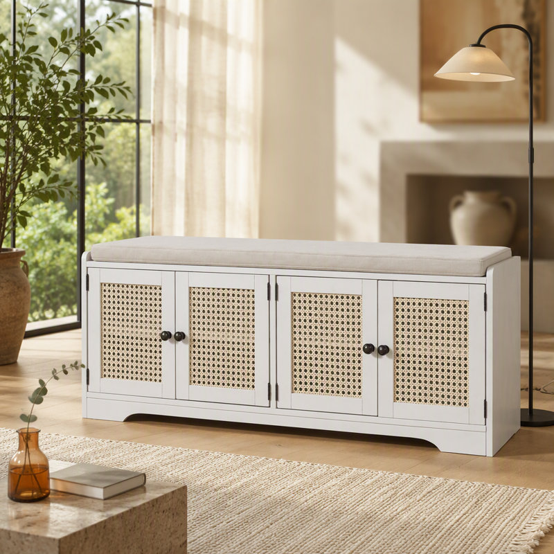 Banc de rangement Rustic, Beige, Beige, Blanc